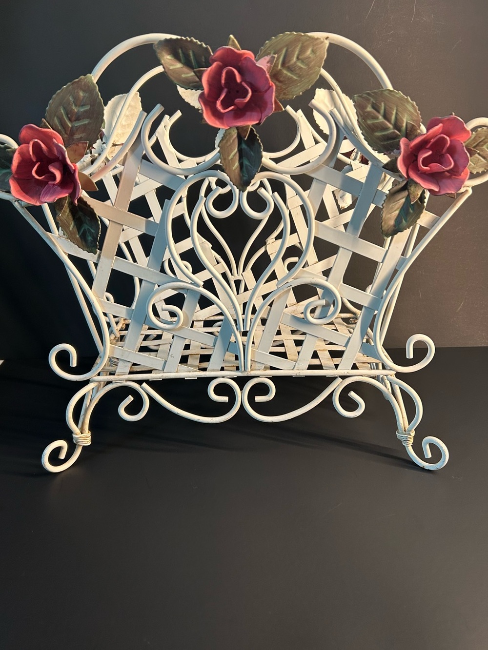 Vintage Shabby Chic Metal Floral Magazine Rack with Pink Roses